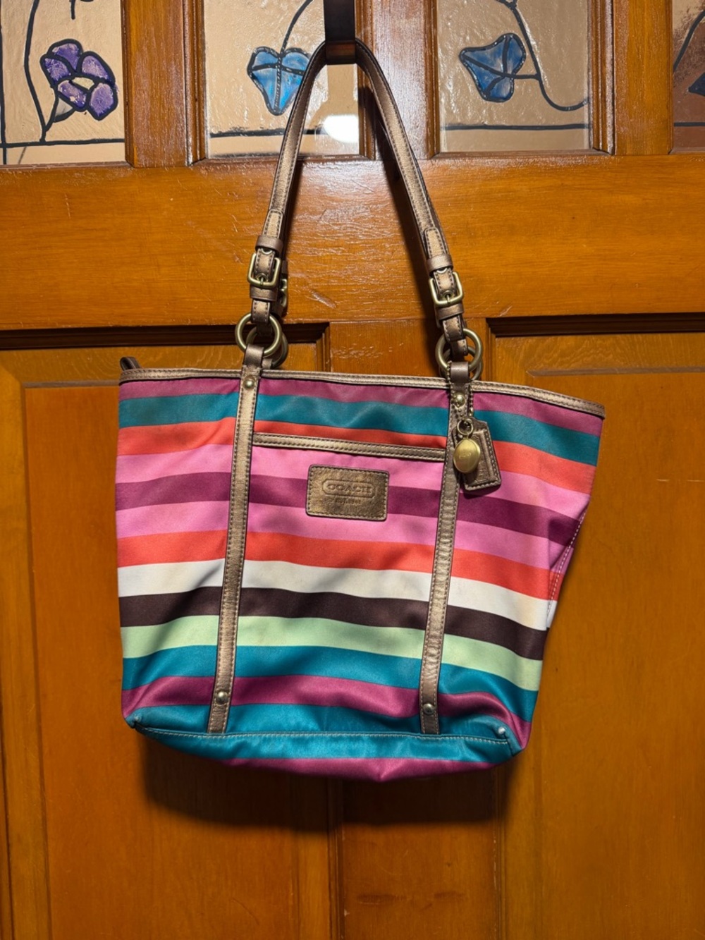 VINTAGE! Coach Multicolor Striped Sateen Tote with Metallic Trim